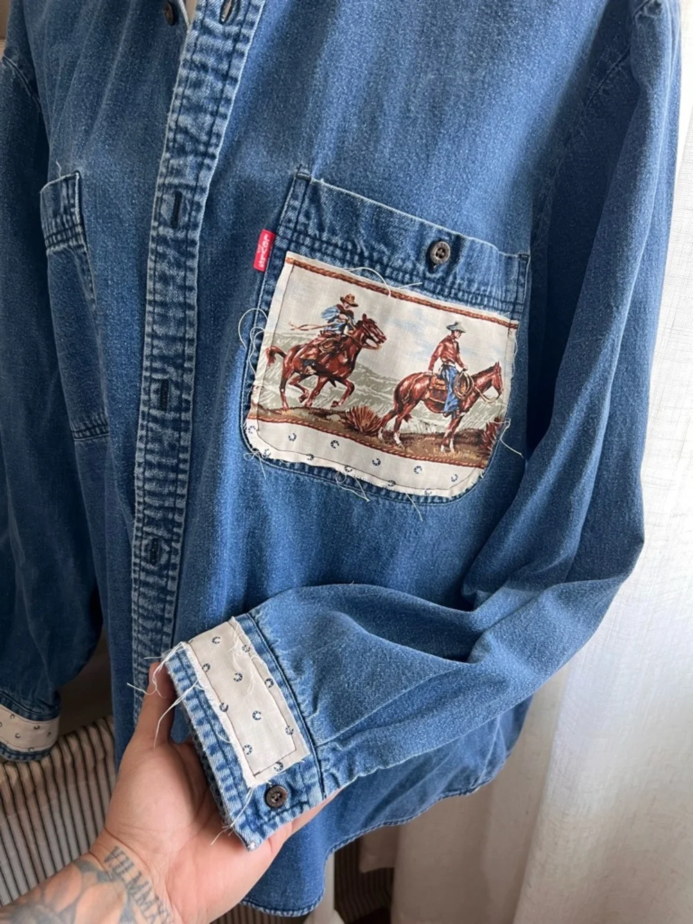 Vintage Levi handmade upcycled western cowboy patchwork button down XL - Picture 5 of 7